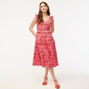 NWT J.Crew Factory Size 14 Red and Pink Printed Ruffle Midi Dress